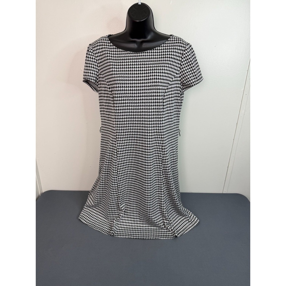 Perceptions NY Houndstooth Dress Size 14 Short Sleeve Knit Classic Midi - Picture 2 of 5